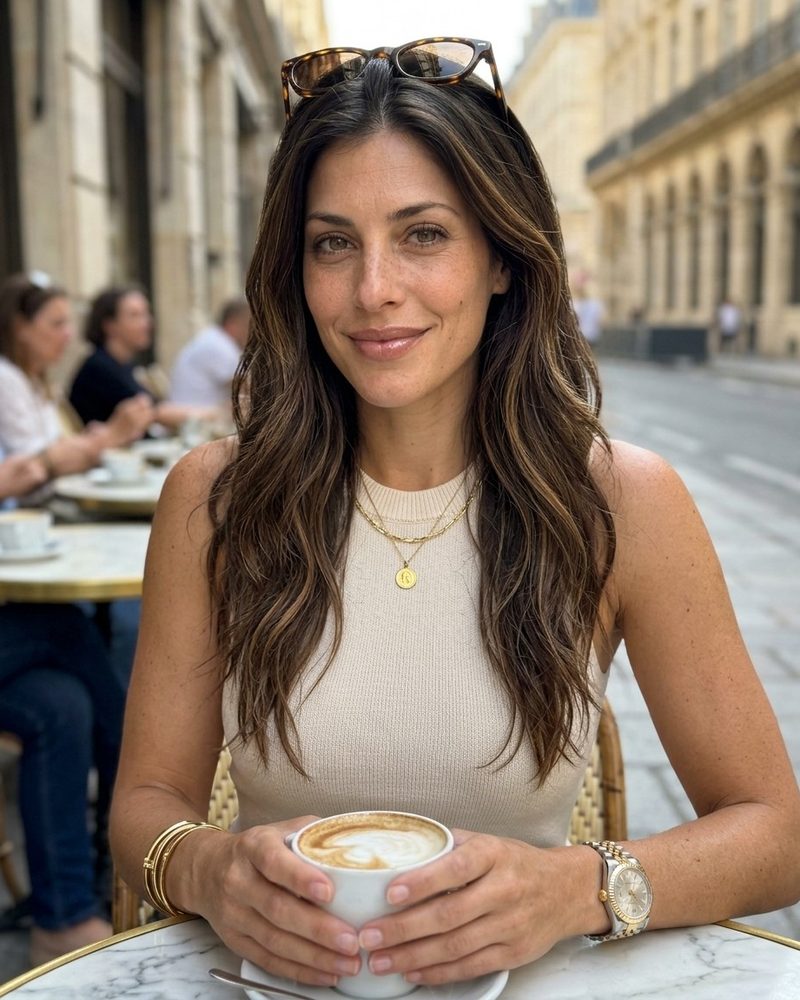 Elise at a cafe table on a sunny street, holding a cappuccino.